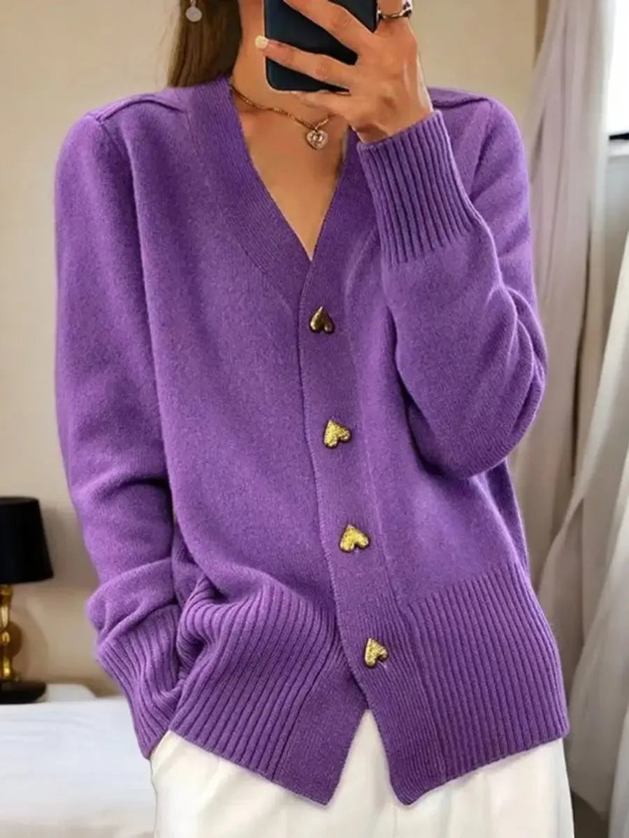 Women's Longline V-Neck Cardigan with Heart Buttons
