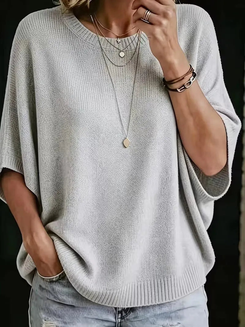 Women's Loose Batwing Short-Sleeve Knit Top with Crewneck