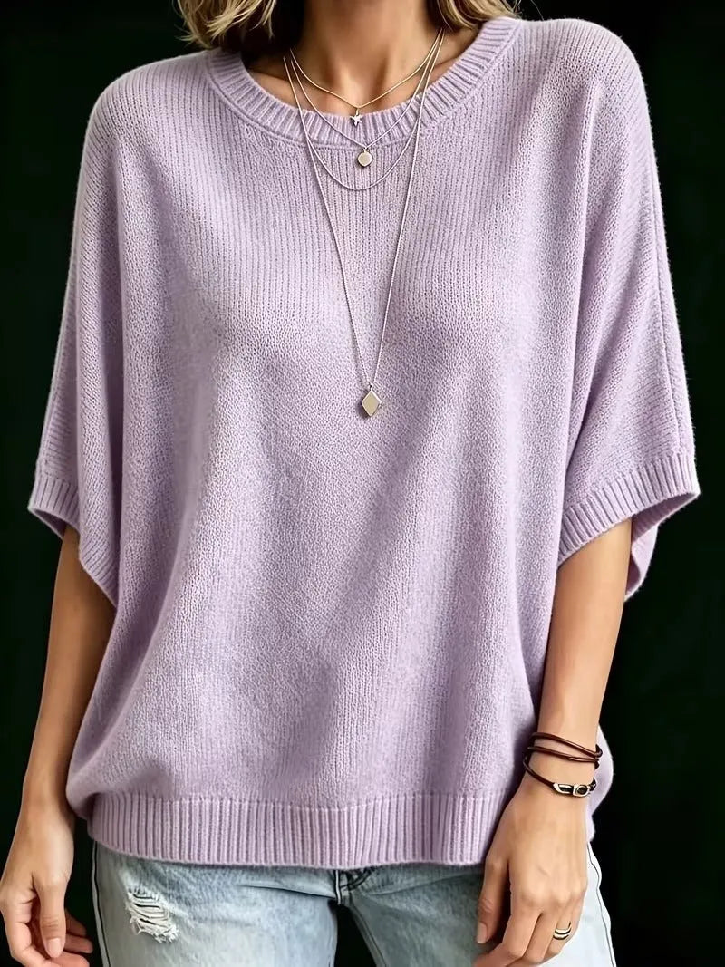 Women's Loose Batwing Short-Sleeve Knit Top with Crewneck