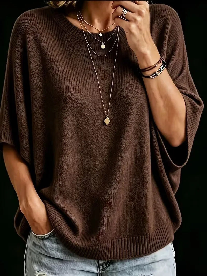 Women's Loose Batwing Short-Sleeve Knit Top with Crewneck