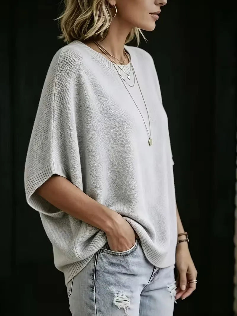 Women's Loose Batwing Short-Sleeve Knit Top with Crewneck