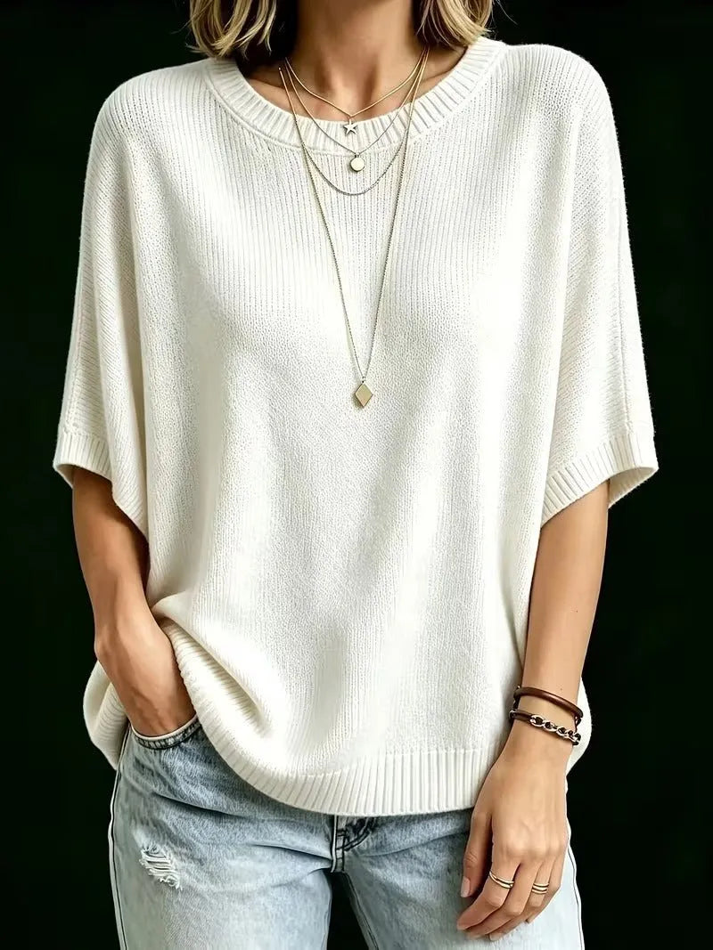 Women's Loose Batwing Short-Sleeve Knit Top with Crewneck