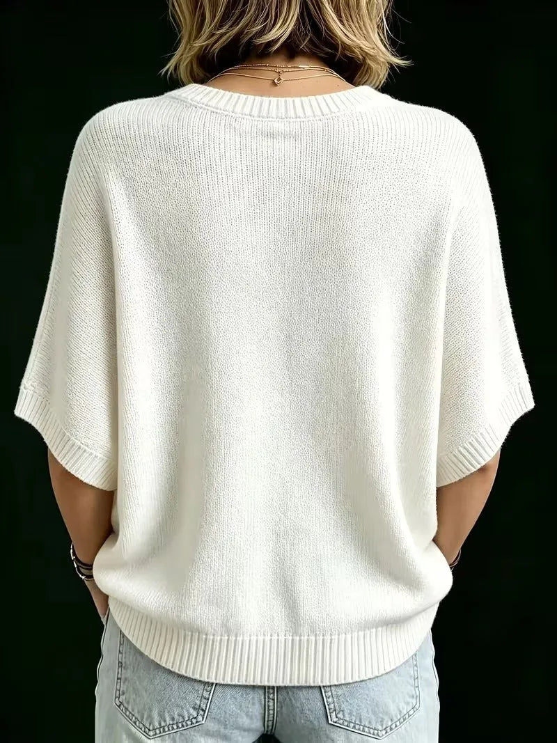 Women's Loose Batwing Short-Sleeve Knit Top with Crewneck