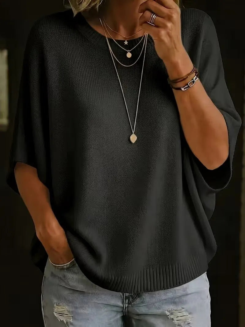 Women's Loose Batwing Short-Sleeve Knit Top with Crewneck