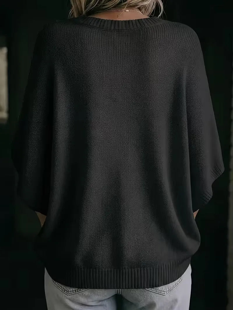 Women's Loose Batwing Short-Sleeve Knit Top with Crewneck