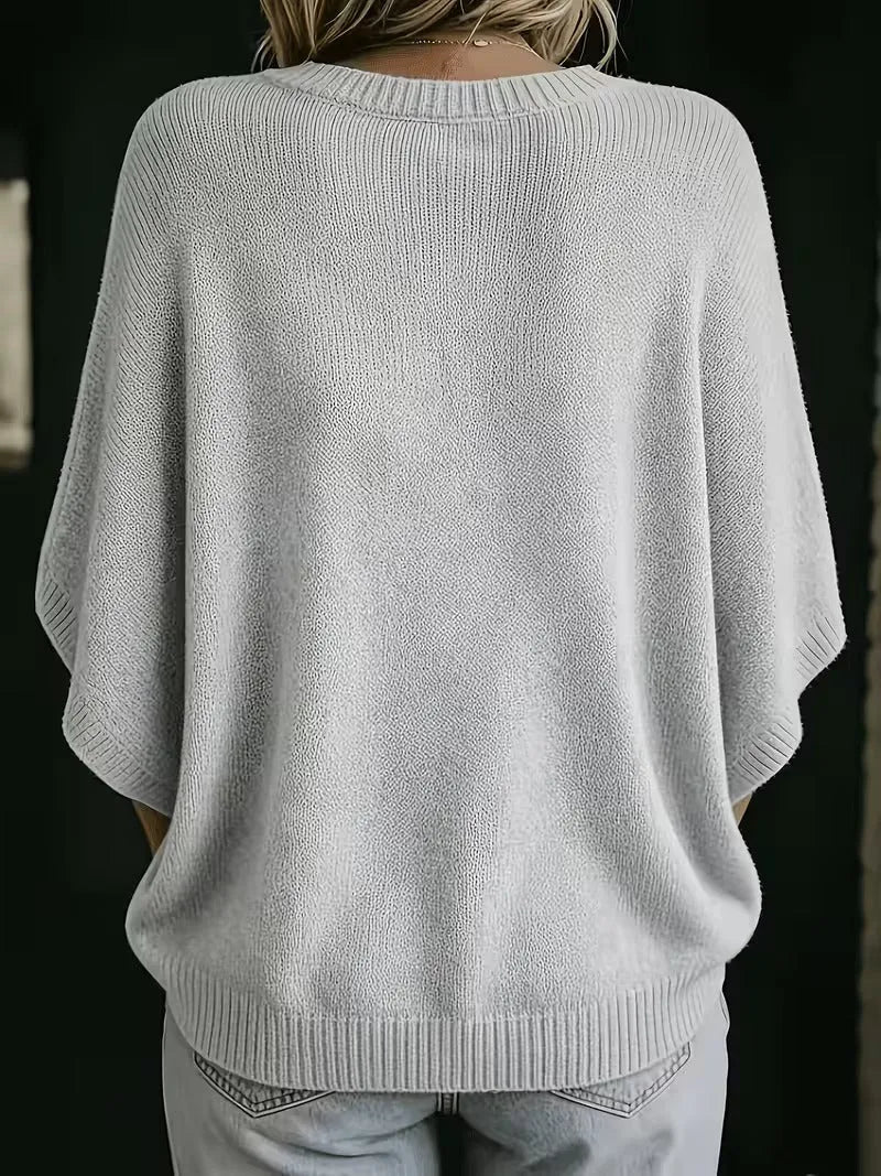 Women's Loose Batwing Short-Sleeve Knit Top with Crewneck