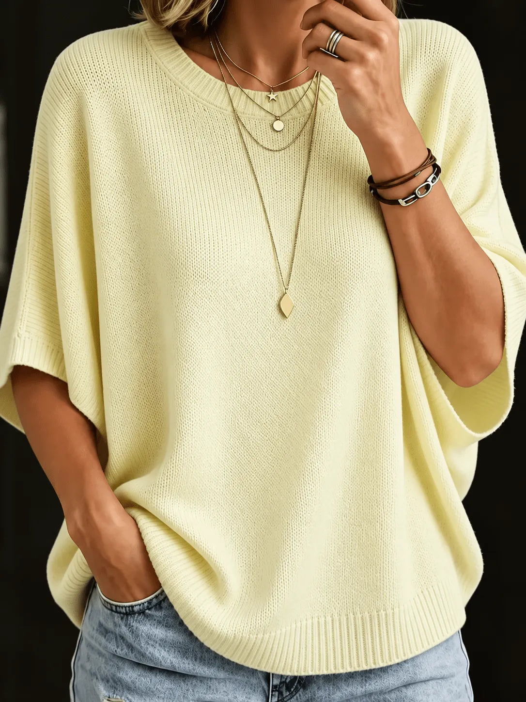Women's Loose Batwing Short-Sleeve Knit Top with Crewneck
