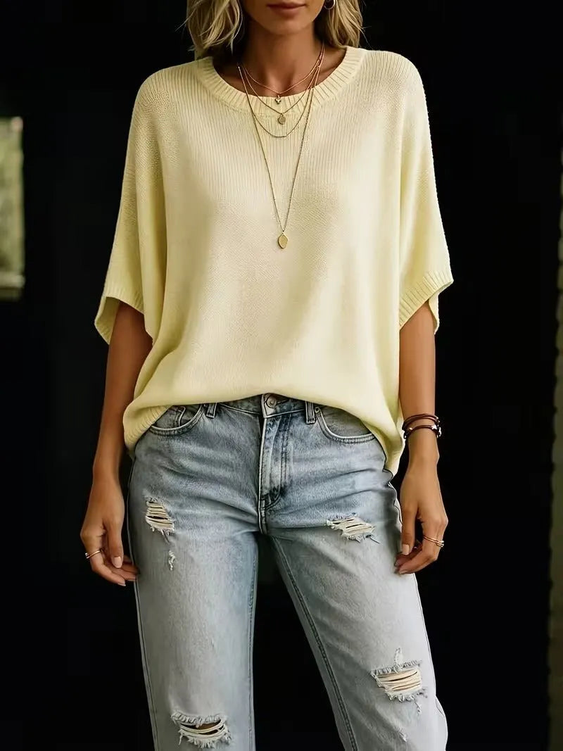 Women's Loose Batwing Short-Sleeve Knit Top with Crewneck