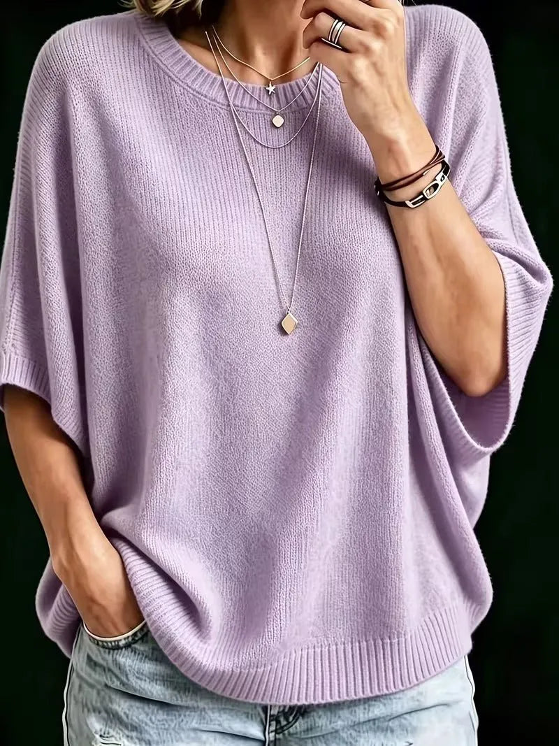 Women's Loose Batwing Short-Sleeve Knit Top with Crewneck