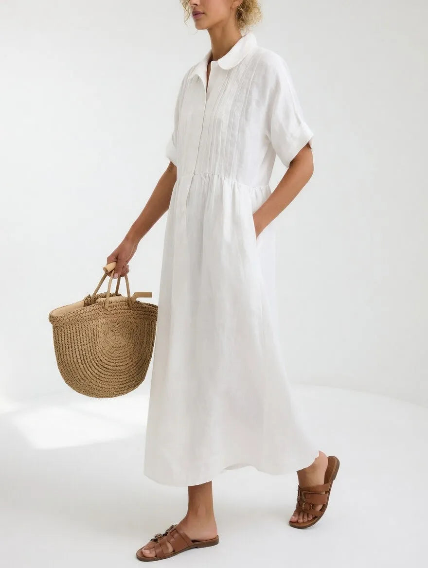 Women's Loose Cotton Maxi Shirt Dress with Short Sleeves