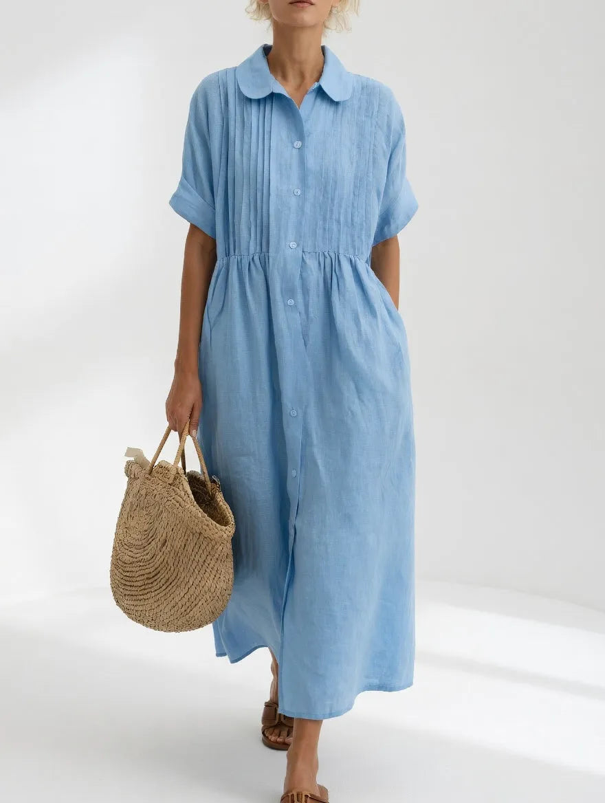 Women's Loose Cotton Maxi Shirt Dress with Short Sleeves