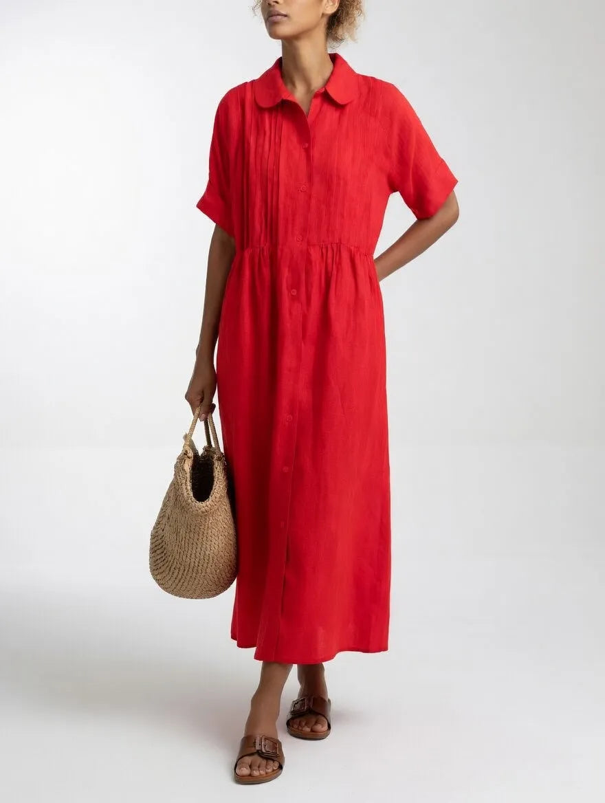 Women's Loose Cotton Maxi Shirt Dress with Short Sleeves