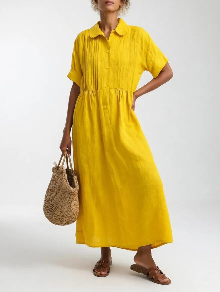 Women's Loose Cotton Maxi Shirt Dress with Short Sleeves