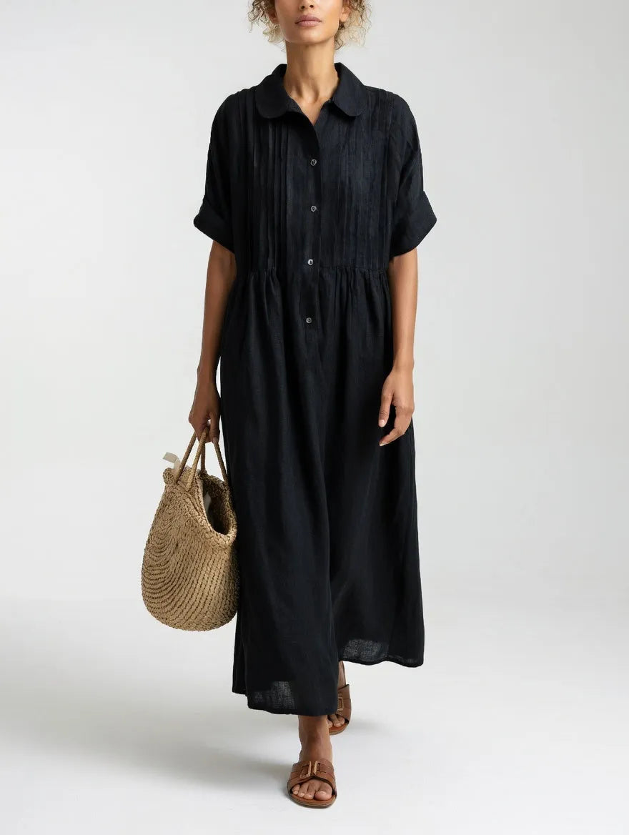 Women's Loose Cotton Maxi Shirt Dress with Short Sleeves