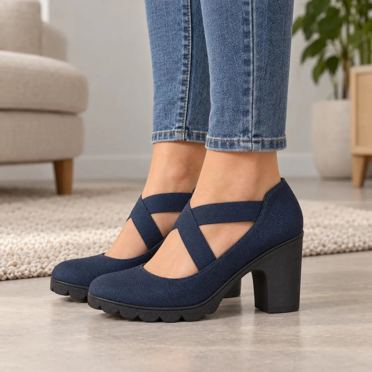 Women's Mary Jane Block Heels with Crisscross Straps