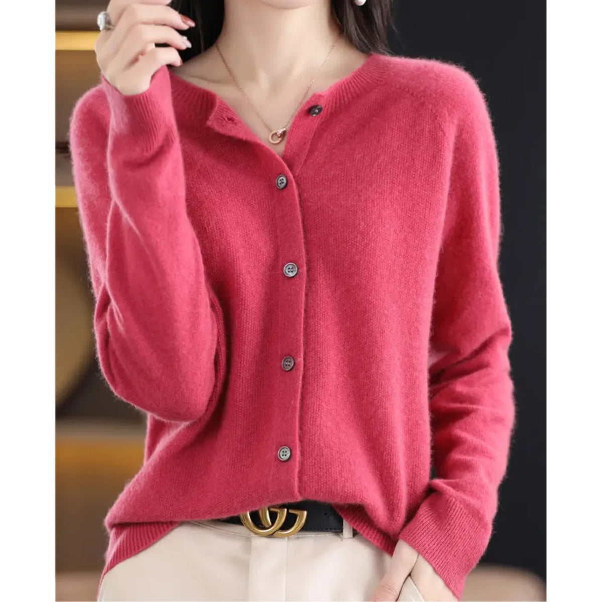 Women's Merino Wool and Cashmere Cardigan with Button Front