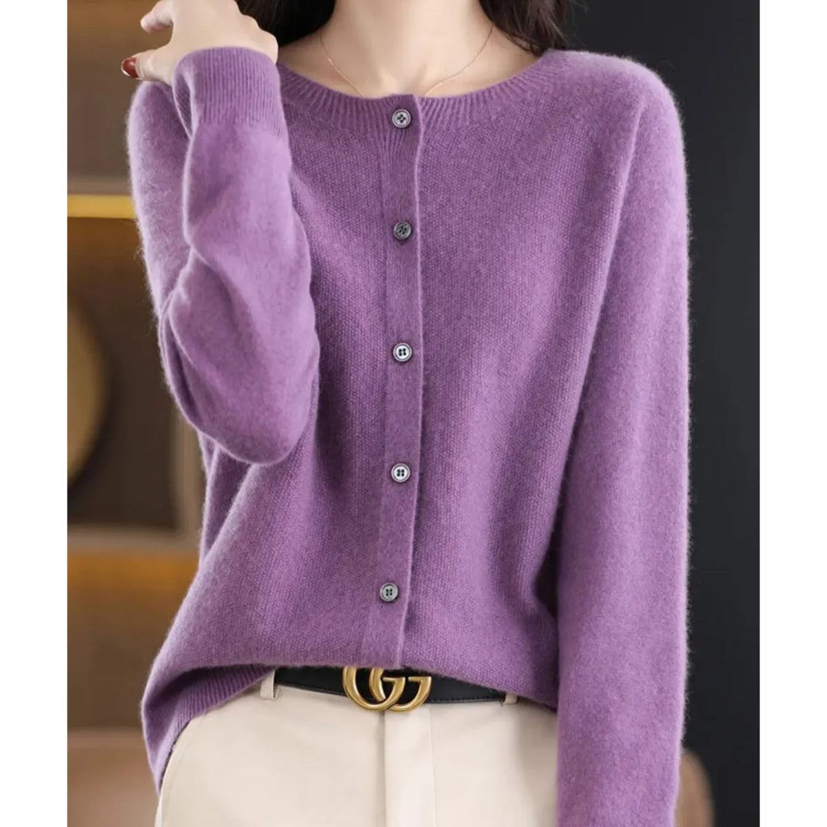 Women's Merino Wool and Cashmere Cardigan with Button Front
