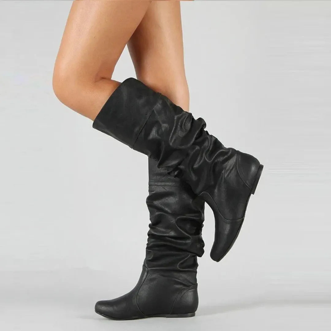 Women's Mid-Calf Pull-On Leather Boots with Flat Sole