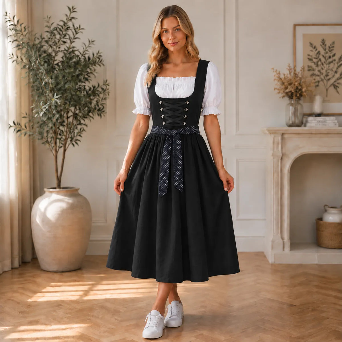 Women's Midi Dirndl Dress with Lace-Up Bodice