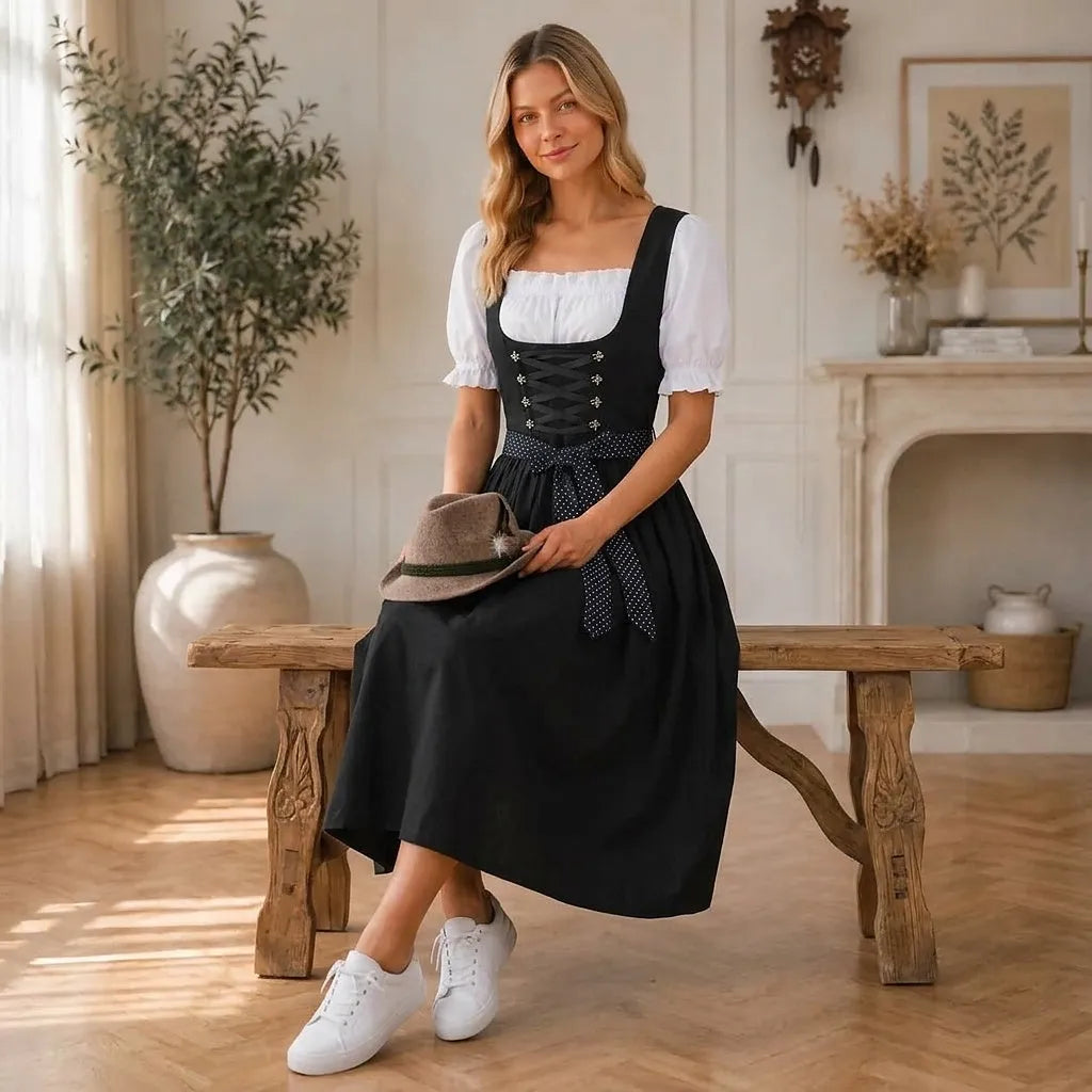 Women's Midi Dirndl Dress with Lace-Up Bodice