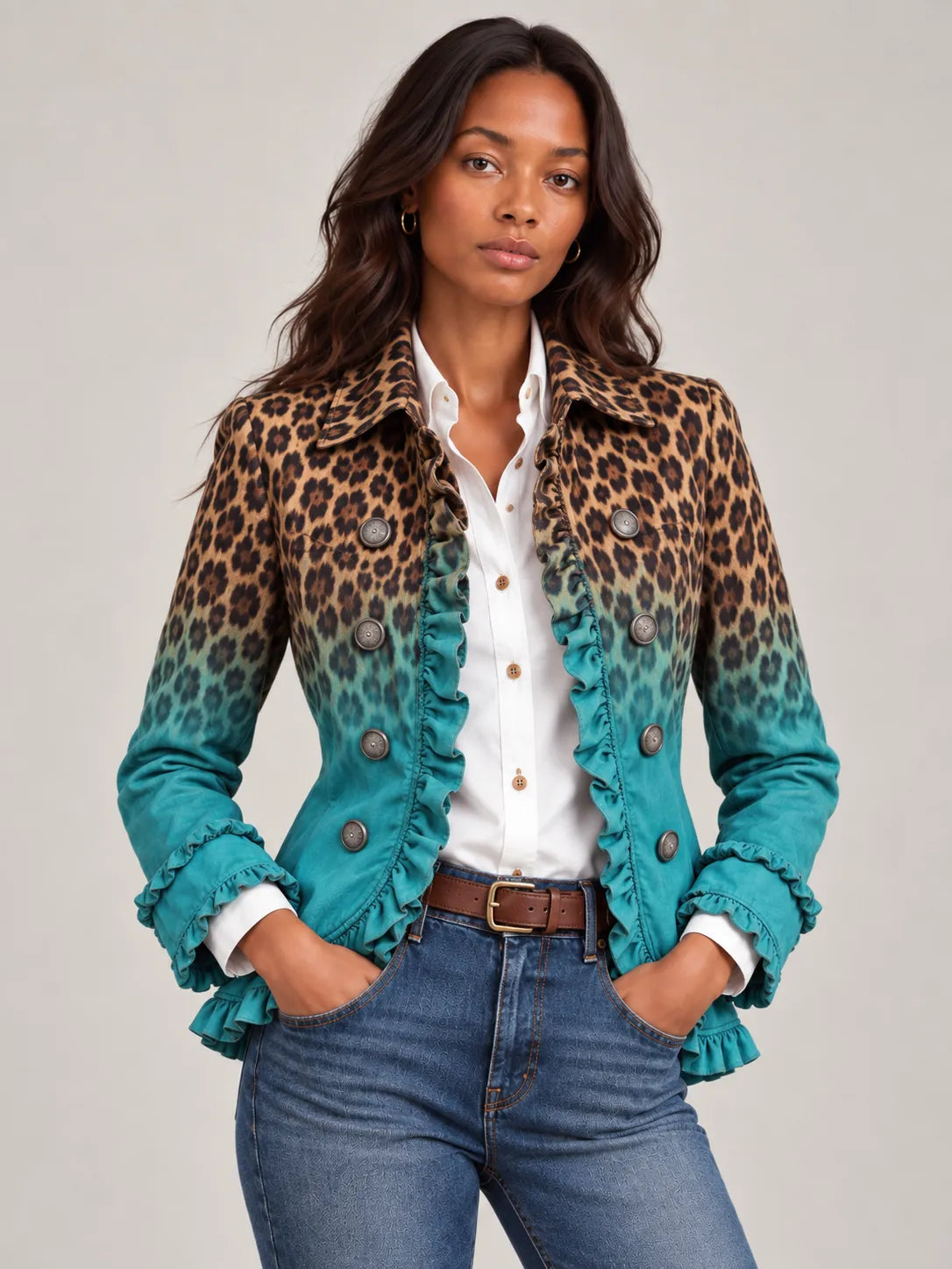 Women's Ombre Leopard Print Ruffled Double-Breasted Blazer