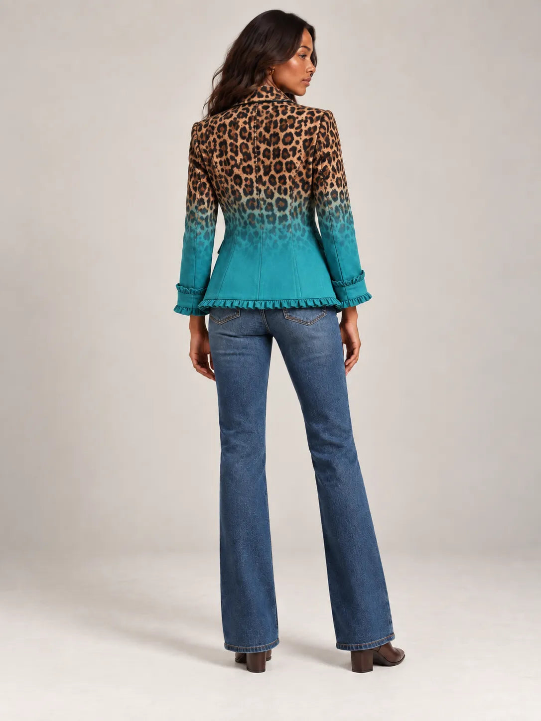 Women's Ombre Leopard Print Ruffled Double-Breasted Blazer
