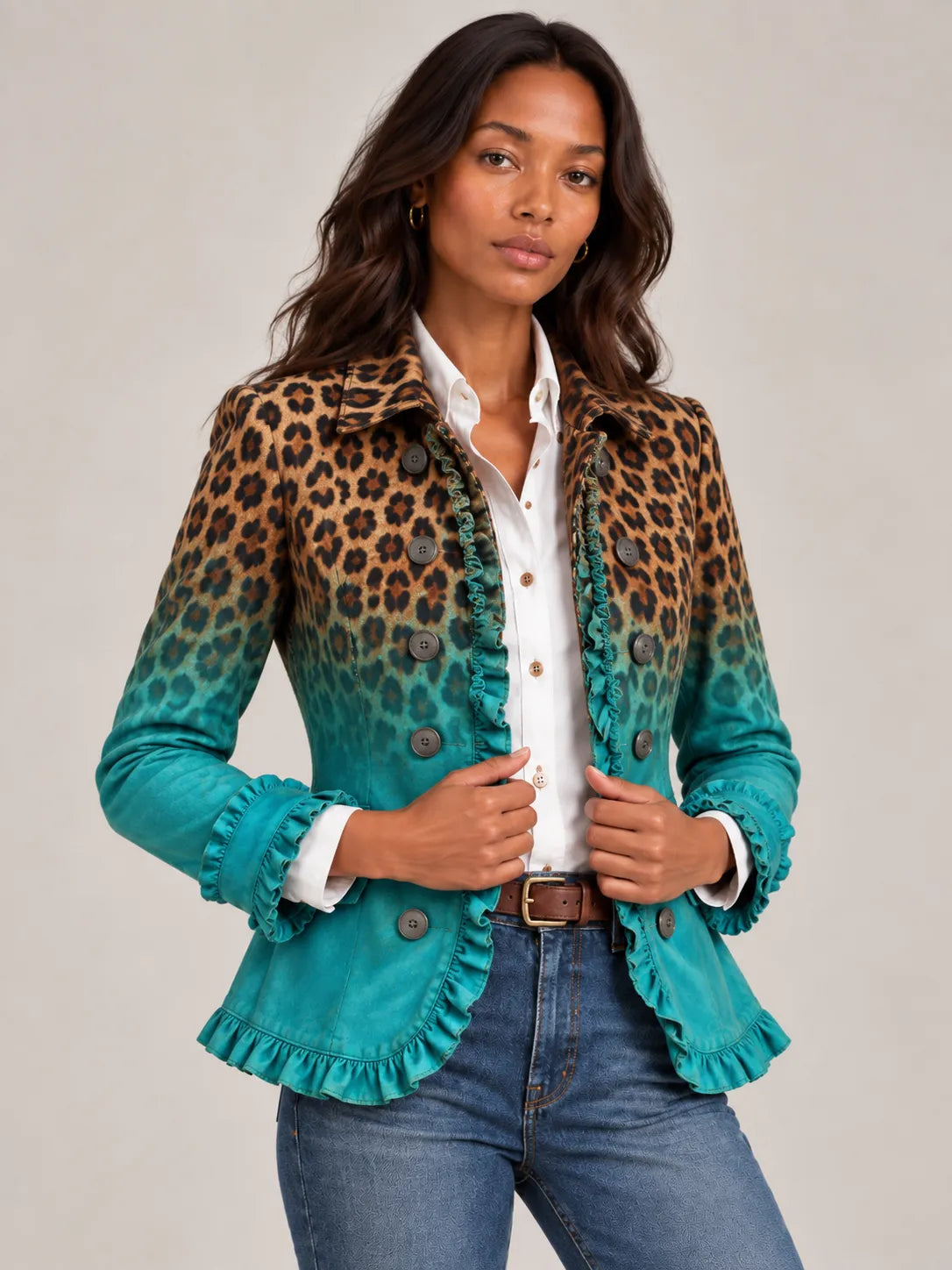 Women's Ombre Leopard Print Ruffled Double-Breasted Blazer
