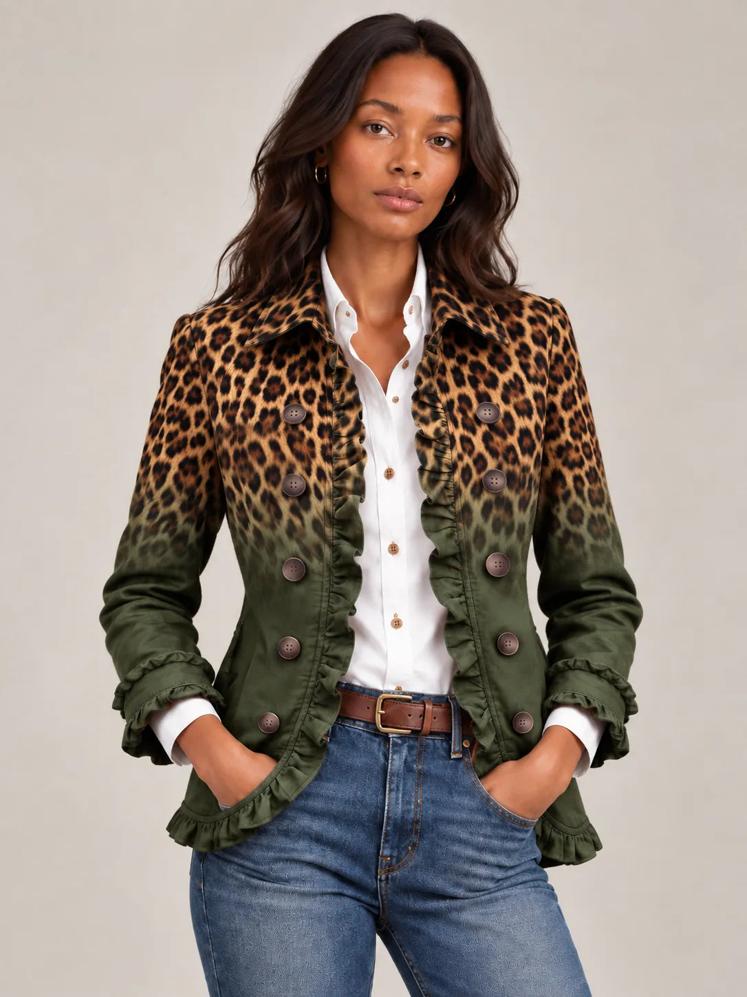 Women's Ombre Leopard Print Ruffled Double-Breasted Blazer