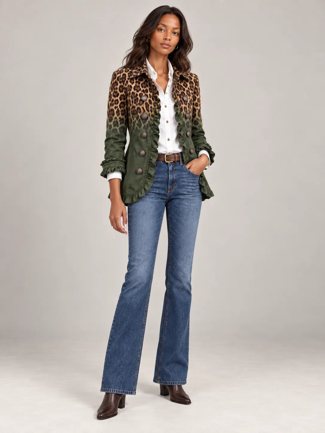 Women's Ombre Leopard Print Ruffled Double-Breasted Blazer