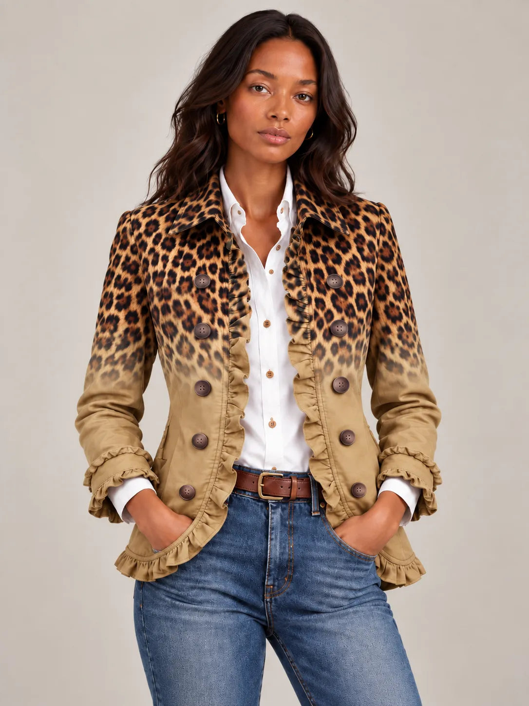 Women's Ombre Leopard Print Ruffled Double-Breasted Blazer