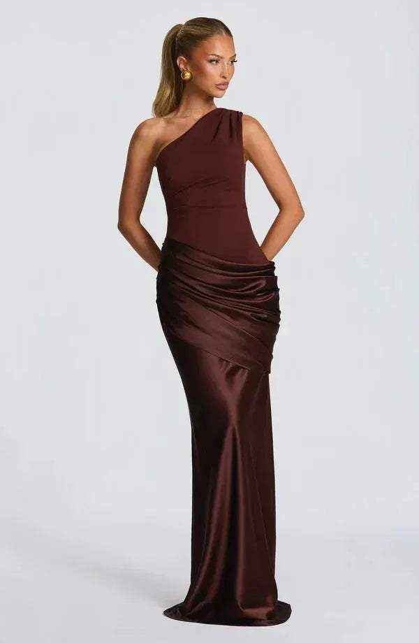 Women's One-Shoulder Draped Satin Maxi Dress with Cascading Waist