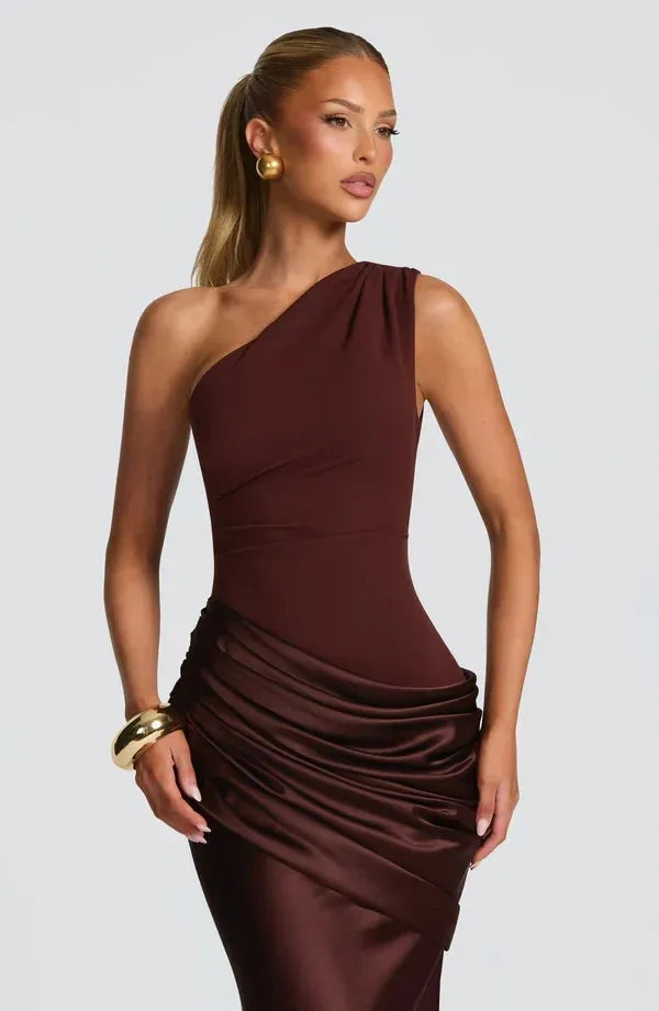 Women's One-Shoulder Draped Satin Maxi Dress with Cascading Waist