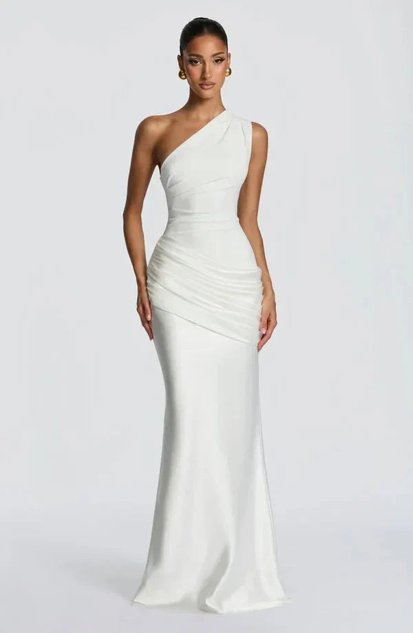 Women's One-Shoulder Draped Satin Maxi Dress with Cascading Waist