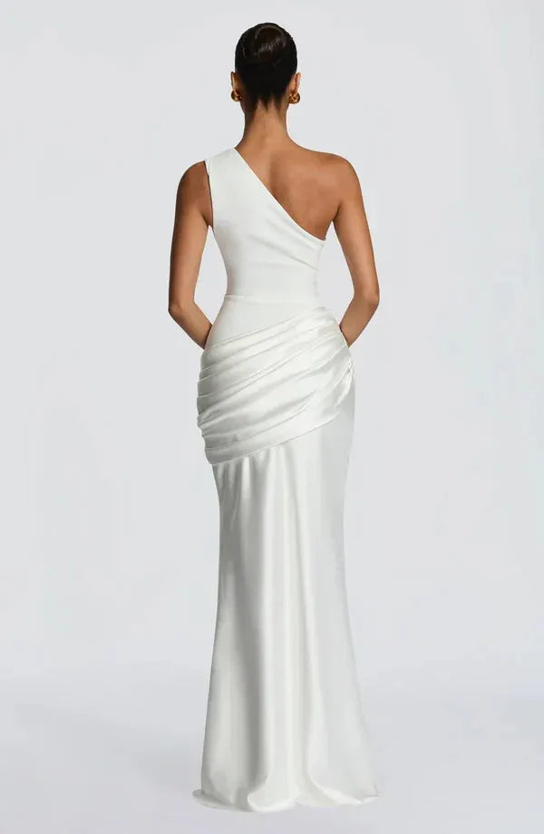 Women's One-Shoulder Draped Satin Maxi Dress with Cascading Waist
