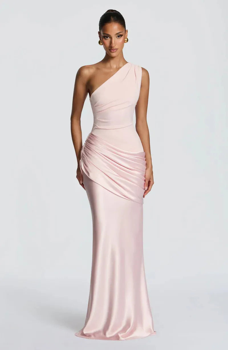 Women's One-Shoulder Draped Satin Maxi Dress with Cascading Waist