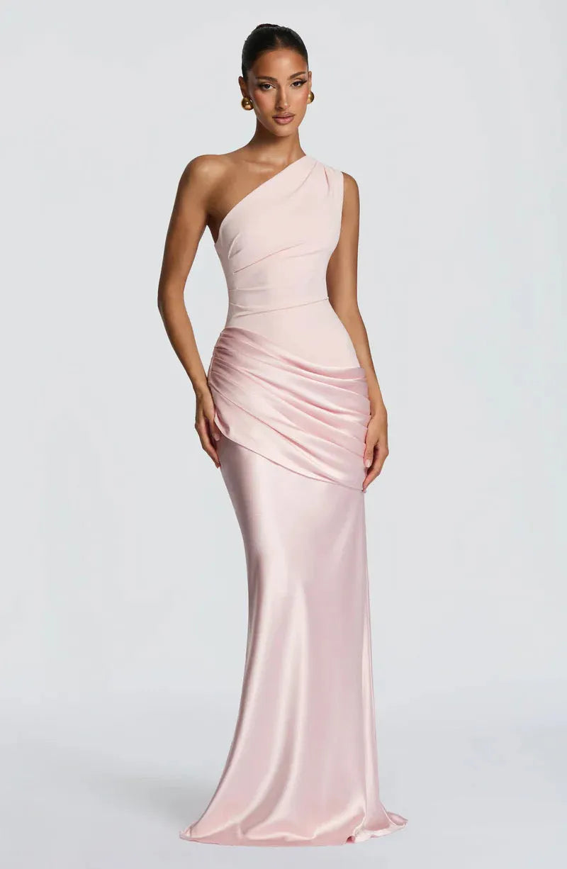 Women's One-Shoulder Draped Satin Maxi Dress with Cascading Waist