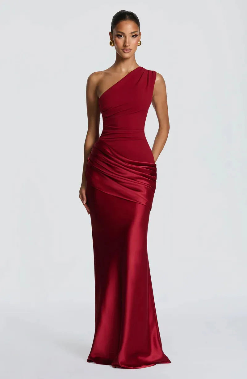 Women's One-Shoulder Draped Satin Maxi Dress with Cascading Waist