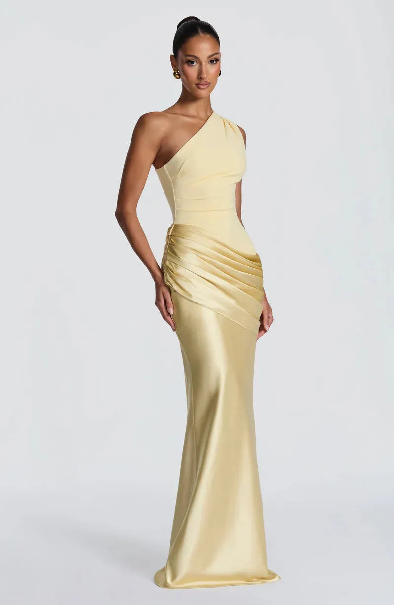 Women's One-Shoulder Draped Satin Maxi Dress with Cascading Waist