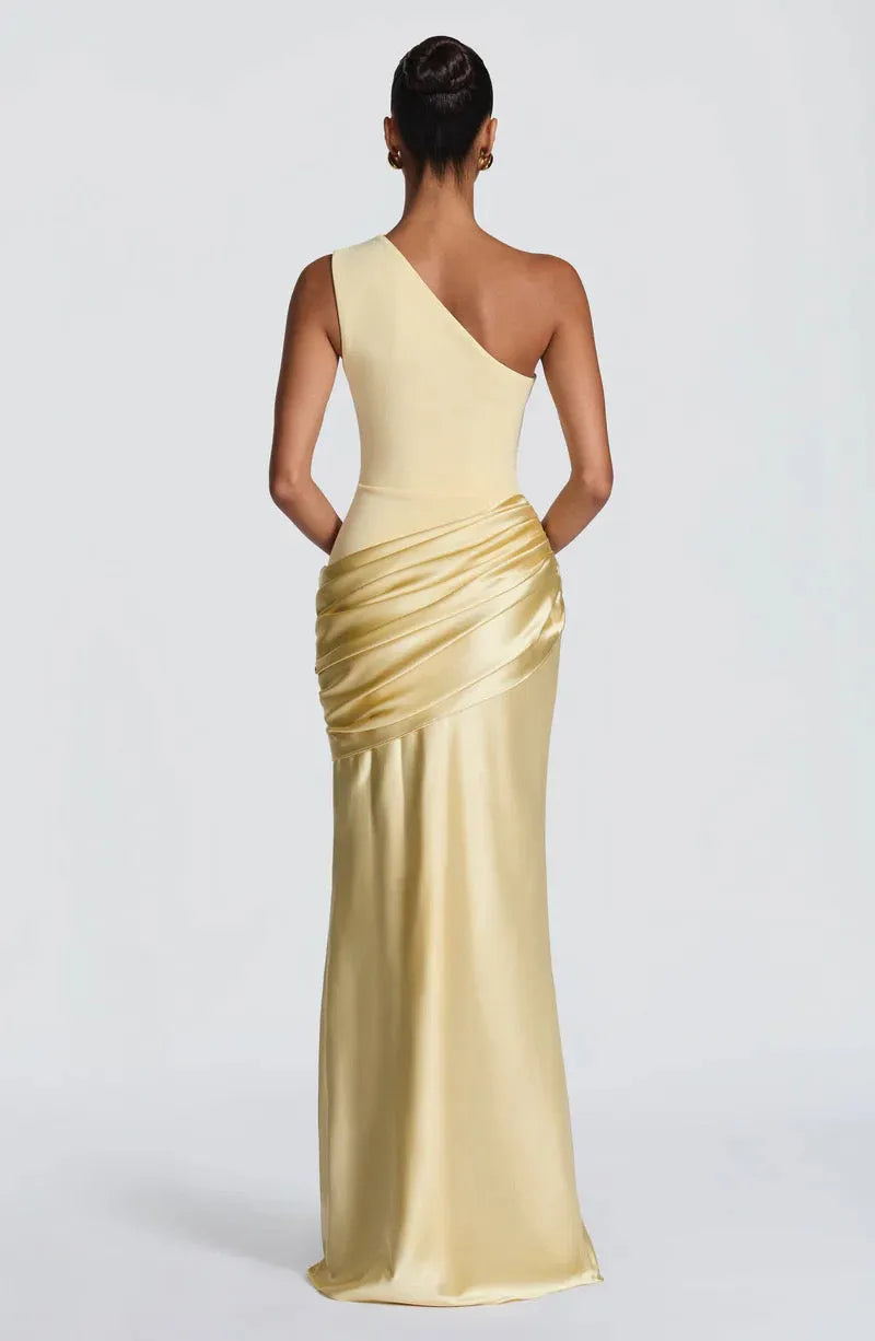 Women's One-Shoulder Draped Satin Maxi Dress with Cascading Waist