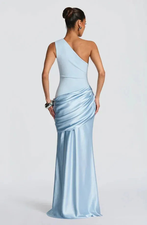 Women's One-Shoulder Draped Satin Maxi Dress with Cascading Waist