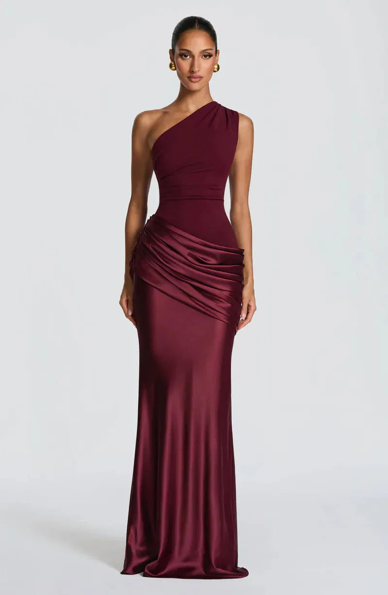 Women's One-Shoulder Draped Satin Maxi Dress with Cascading Waist