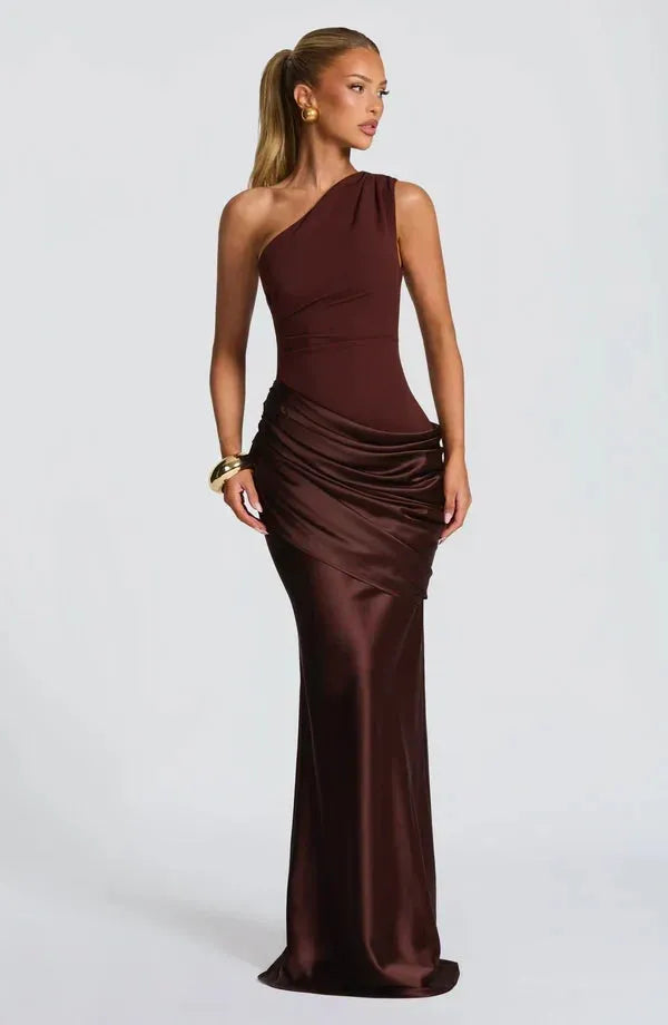 Women's One-Shoulder Draped Satin Maxi Dress with Cascading Waist