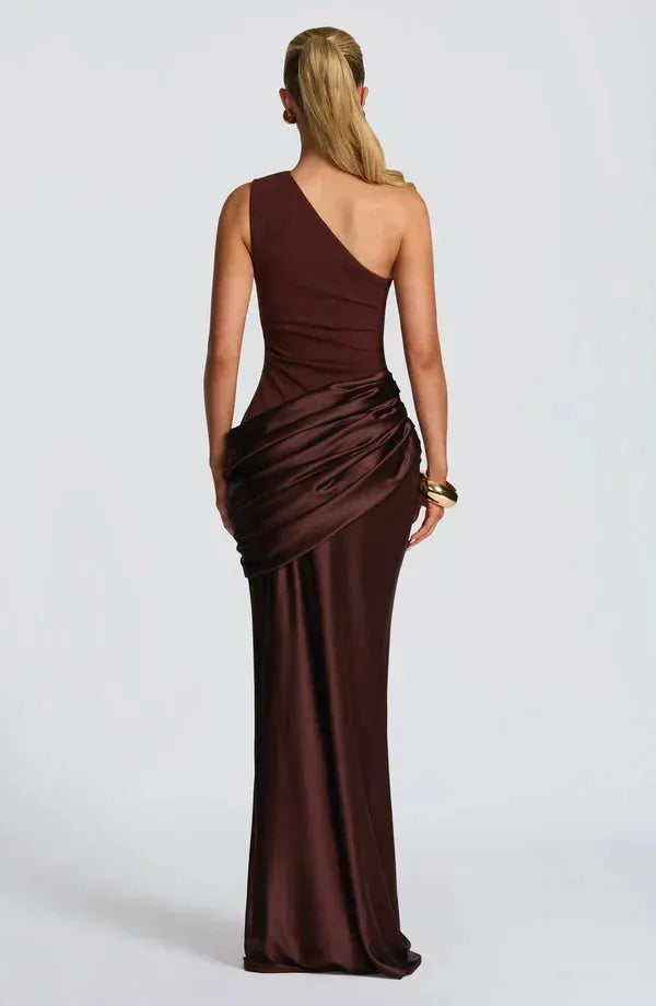 Women's One-Shoulder Draped Satin Maxi Dress with Cascading Waist