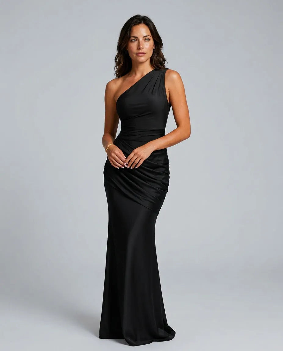 Women's One-Shoulder Pleated Satin Maxi Dress