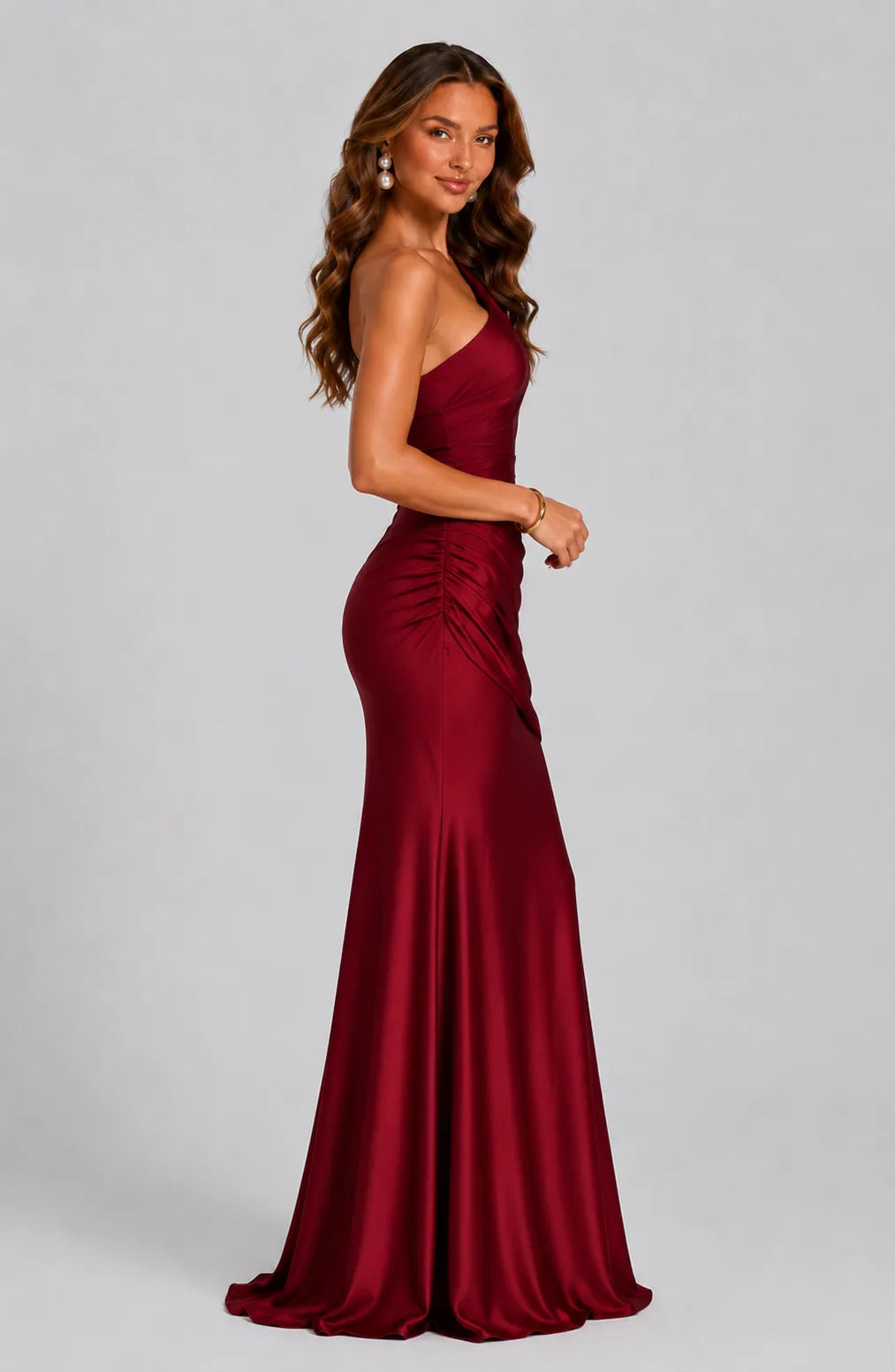 Women's One-Shoulder Pleated Satin Maxi Dress
