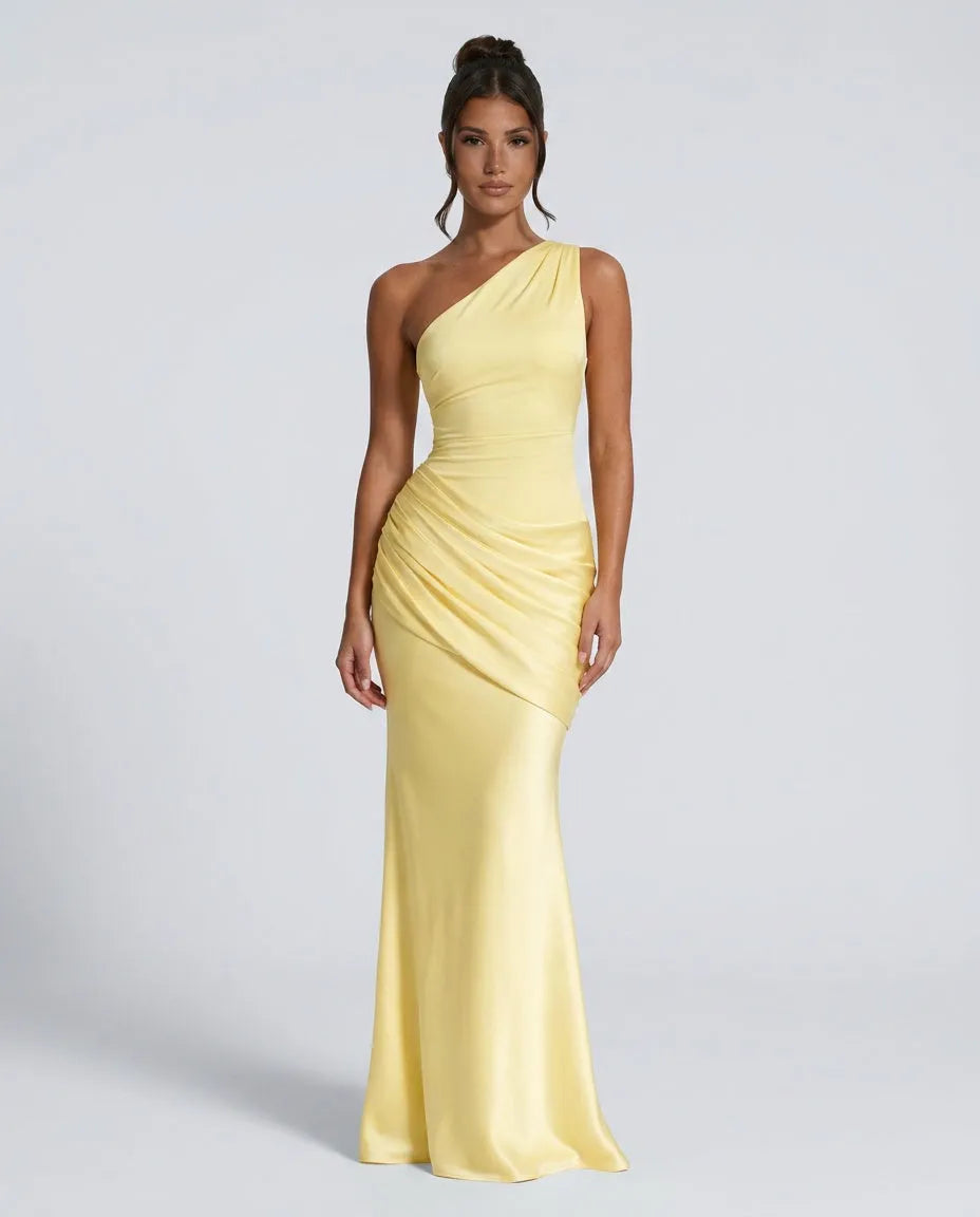 Women's One-Shoulder Pleated Satin Maxi Dress