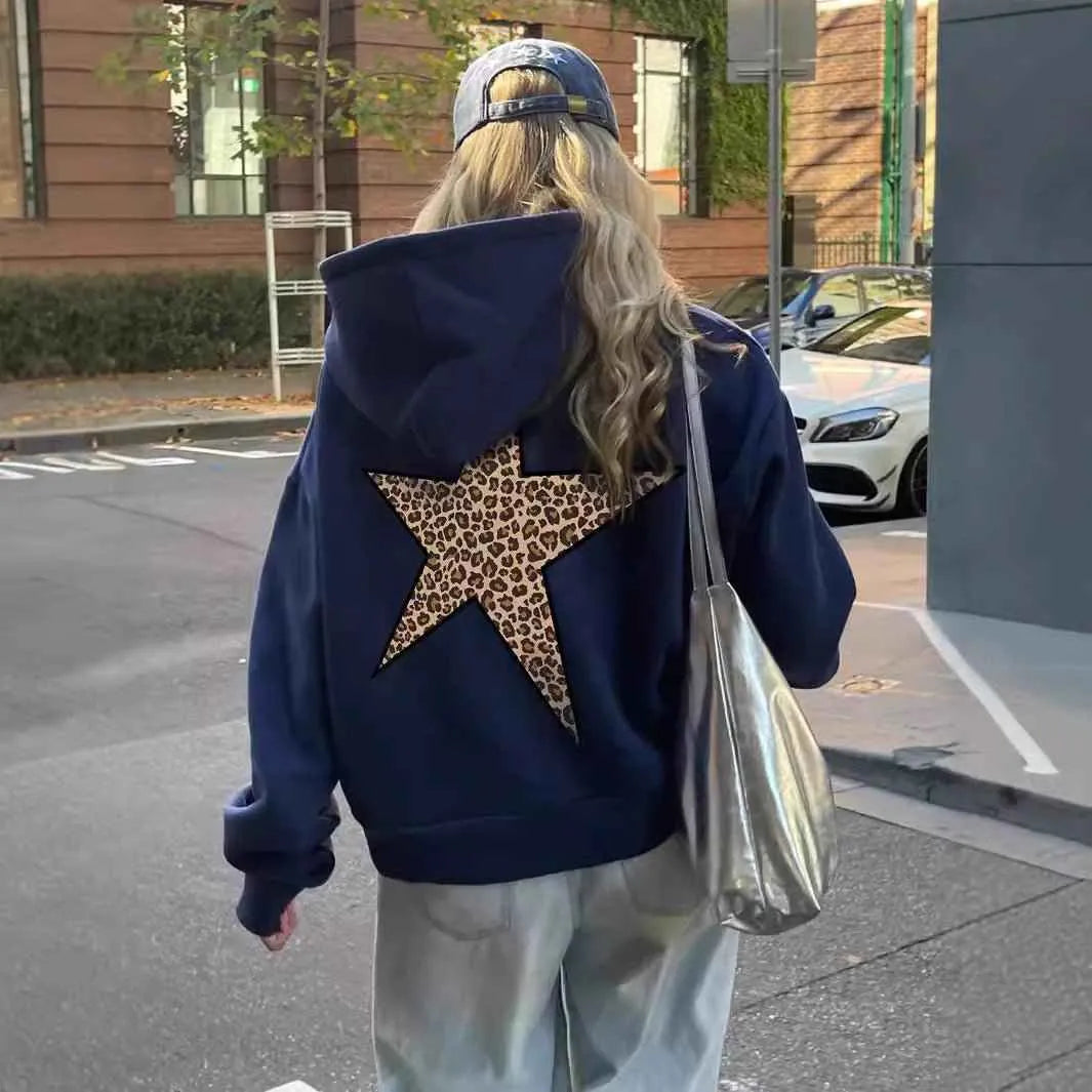Women's Oversized Star Hoodie with Leopard Print Back