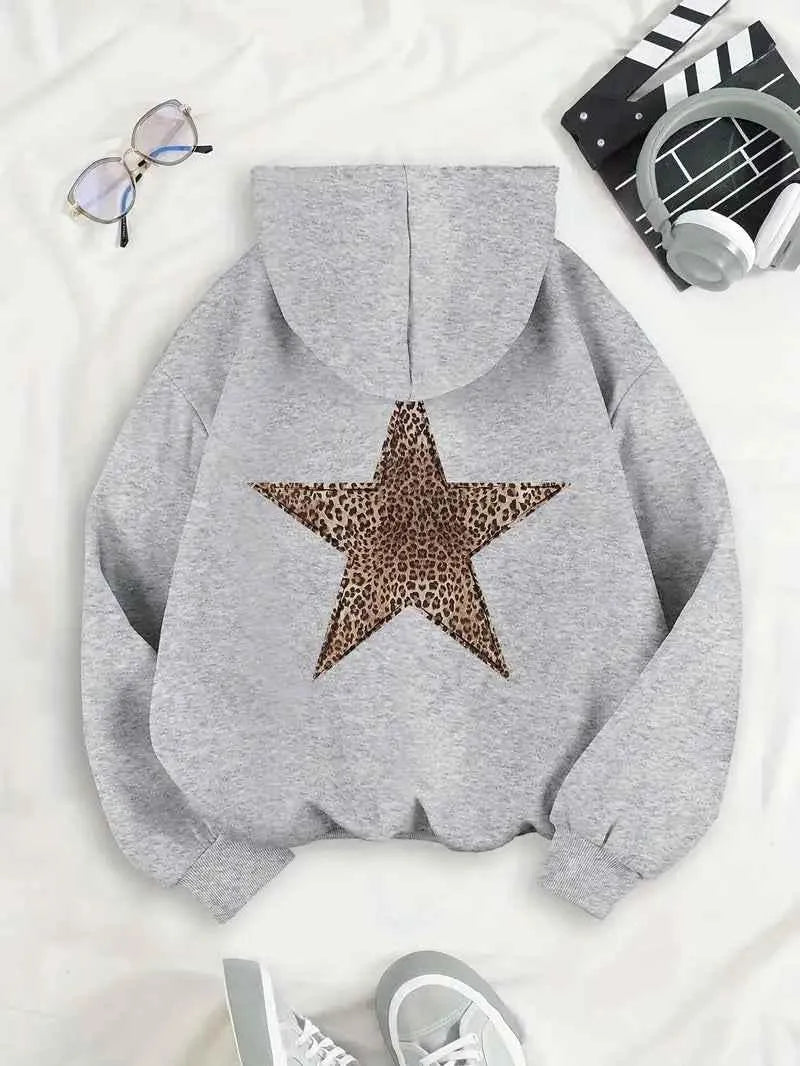 Women's Oversized Star Hoodie with Leopard Print Back