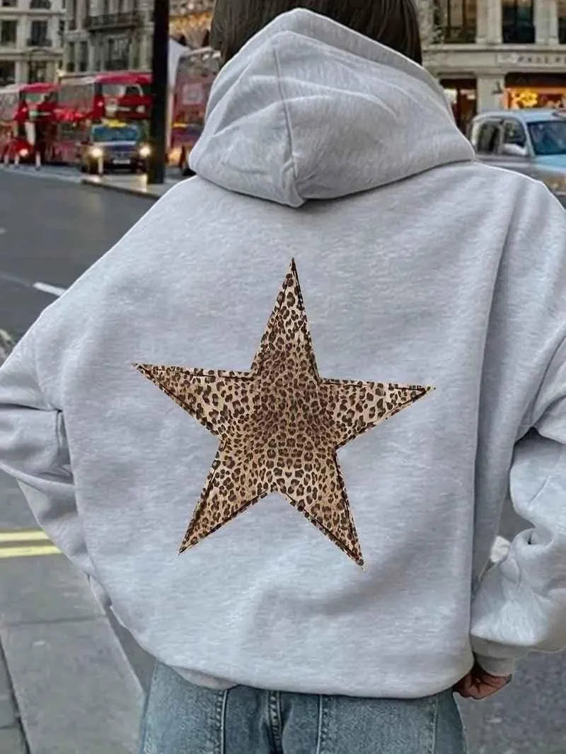 Women's Oversized Star Hoodie with Leopard Print Back