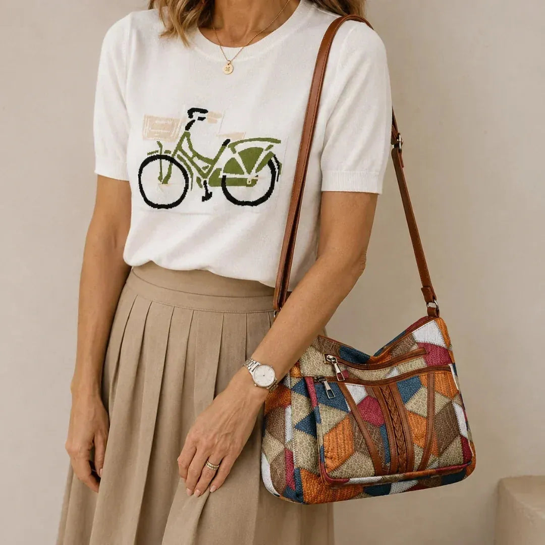 Women's Patchwork Everyday Crossbody Bag with Faux Leather Trims
